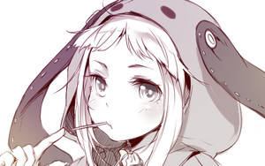 動漫女孩穿著章魚連帽衫，拿著筷子貼近嘴唇 — 日式藝術 壁紙