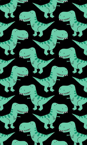 青綠色卡通T-Rex恐龍在黑色背景上重複圖案。 — OLED 壁紙