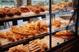 一個麵包店展示櫃，裡面裝滿了新鮮的麵包和糕點，放在木架上。 — MacBook Pro M4 壁紙