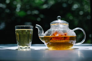 白色桌子上的玻璃茶壺和茶杯，背景是綠色樹葉。 — 美學天空 壁紙