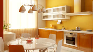 一個明亮的現代廚房，黃色牆壁和白色家具沐浴在陽光中。 — 室內設計 壁紙