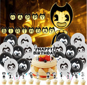 以 Bendy 為主題的生日派對，在工業環境中設有氣球、杯子蛋糕和蛋糕。 — 玩具總動員叉奇 壁紙