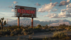 在暮色中，沙漠與山脈背景下，一個生鏽的霓虹廣告牌寫著「redundant」。 — 暮光 壁紙