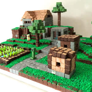 一個用巧克力方塊和綠色糖粒建造的Minecraft村莊，有爬行者和樹木。 — 蛋糕 壁紙