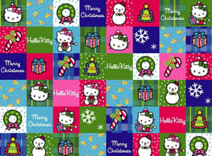 Hello Kitty聖誕拼布搭配雪花禮物和格紋背景 — Hello Kitty 萬聖節 壁紙