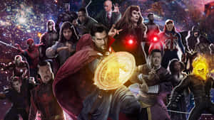 Marvel英雄和反派聚集在宇宙戰鬥場景中。 — 末日博士 壁紙