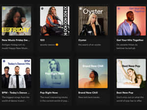 八個Spotify播放清單封面，附有藝術家和類型標題。 — Spotify 壁紙