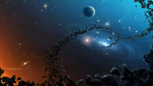 一個旋轉的小行星帶環繞著發光的星雲，構成色彩繽紛的宇宙場景。 — 植物美學 壁紙