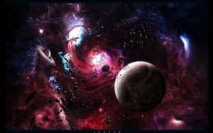充滿活力的宇宙星雲，包含深空中的行星和小行星。 — 簡約暗黑美學 壁紙