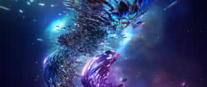 宇宙中破碎玻璃的宇宙漩渦，發出藍色和紫色調的光芒。 — 2560x1080 壁紙