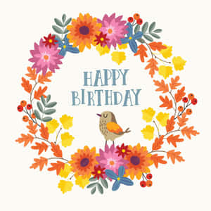 Happy Birthday 花環，帶有鳥、秋葉和花朵 — 慶祝 壁紙