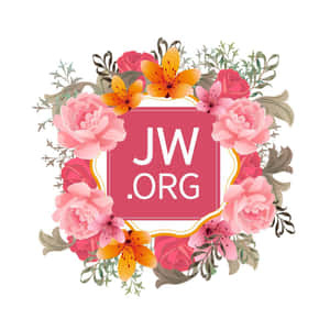 由粉紅色牡丹和橙色百合組成的花環，環繞著一個帶有 JW.ORG 文字的粉紅色正方形。 — 花朵 壁紙