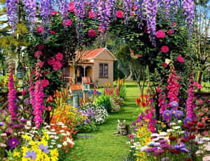 色彩繽紛的花園，有花朵、紫藤、玫瑰，以及小屋附近的貓。 — 花園 壁紙