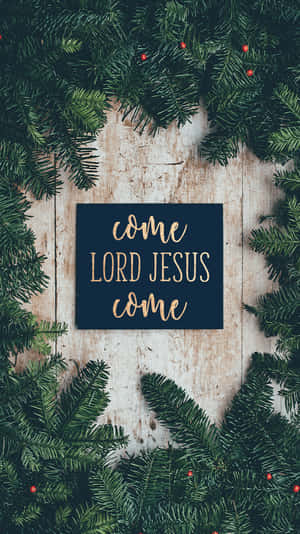 聖誕花環與松樹和漿果圍繞著一塊寫有「come LORD JESUS come」的木製標牌。 — 可愛聖誕節 壁紙