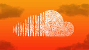 形狀像聲波的雲朵，充滿美元鈔票，以橙色日落為背景。 — Soundcloud 壁紙