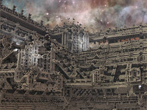 漂浮的城市，擁有複雜的建築，背景是星光燦爛的宇宙。 — 洛米安傳奇 壁紙
