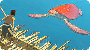 竹筏上的男人看著紅色海龜在藍色海洋中游泳。 — 烏龜 壁紙