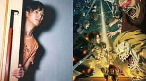 一個男人手持法杖，旁邊是動漫戰鬥場景，有巨型巨人。 — 櫻島麻衣 壁紙