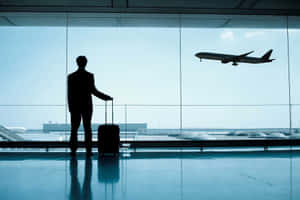 男人提著手提箱在機場航廈看著飛機降落。 — 伸展台 壁紙