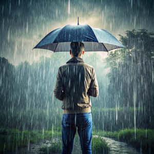 一個男人拿著雨傘站在森林小徑的大雨中 — 極高畫質 壁紙
