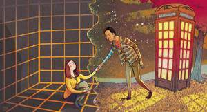 一個男人幫助一個被困在發光網格中的女人，靠近一個紅色電話亭，在星空下。 — 夢核 壁紙