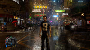 男人站在雨夜霓虹燈城市街道上，有發光招牌和濕漉漉的人行道。 — 電玩遊戲 GIF 壁紙