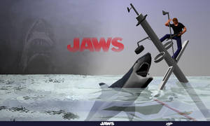 破船上的男人躲避鯊魚，背景有JAWS標誌 — 大白鯊 壁紙