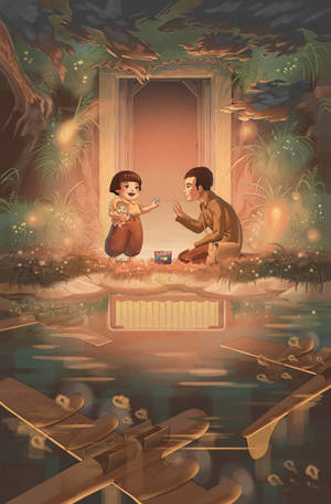 兩個孩子在魔法森林中，靠近發光的門口，有漂浮的樹葉。 — 螢火蟲之墓 壁紙