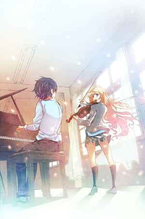 動漫男孩和女孩在陽光充足的房間裡彈鋼琴和小提琴，帶有閃爍效果。 — 四月是你的謊言 壁紙