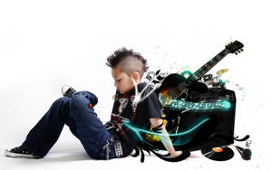 一個年輕龐克風格的男孩坐在發光的音樂設備旁邊，帶有霓虹能量線條。 — 獨立小孩美學 壁紙