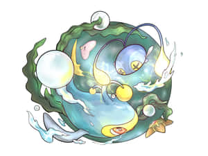 一個發光的藍色卡通海洋生物，周圍有海藻和氣泡旋轉。 — 水龍 壁紙