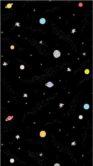 卡通行星和星星漂浮在黑色太空背景中。 — 太空美學動圖 壁紙