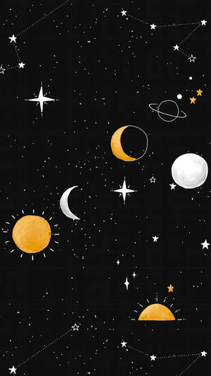 行星和月球等天體在風格化的夜空中漂浮在星星之間。