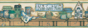 一個舒適的架子，上面有自製美食的罐子和小房子，下方有 'Home Sweet Home' 標誌。 — 甜蜜的家 壁紙