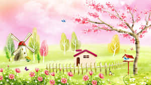 一個迷人的春天景觀，有小屋、風車和盛開的櫻花樹。 — 小孩動圖 壁紙