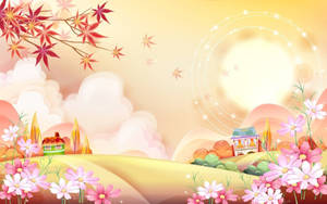 異想天開的粉彩風景，有花朵、山丘和楓葉，在發光的太陽下。 — 卡通 壁紙