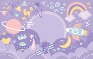 天體場景，在粉紫色天空中出現火箭、彩虹、行星、UFO和氣球。 — 宇宙 壁紙