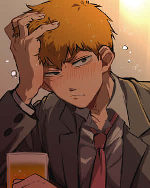 一個疲憊的動漫男子，頂著橙色頭髮，抱著頭，同時拿著啤酒杯。 — 阿基拉 壁紙