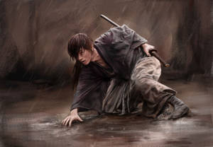 武士戰士跪在泥濘的雨中握著劍 — 浪人劍心 壁紙