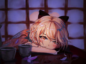 貓耳動漫女孩在昏暗的房間裡將頭靠在靠近茶杯的桌子上。 — 動漫 壁紙