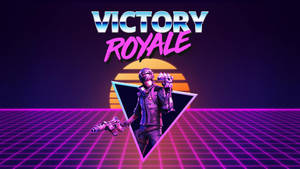 一個持槍的賽博朋克戰士站在日落下的霓虹網格中，帶有「Victory Royale」文字。 — 酷炫的《要塞英雄》 壁紙