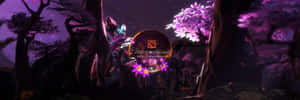Dota 2 International 標誌在夜晚的魔法紫色森林中發光。 — 電玩遊戲 GIF 壁紙