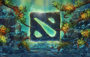 神秘 Dota 2 標誌在水中發光，周圍環繞著秋葉和瀑布。 — 電玩遊戲 GIF 壁紙