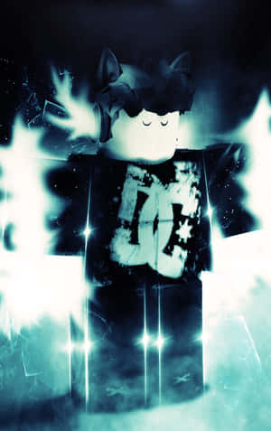 Roblox 角色帶有貓耳朵，在破碎的黑暗背景中發出藍色光芒。 — Galaxy Tab A9+ 壁紙