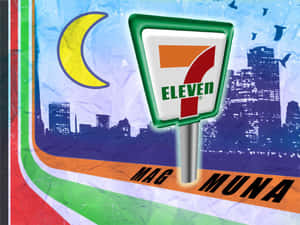 7-Eleven標誌在城市天際線背景下發光，伴隨著新月和飛鳥。 — 7-ELEVEN 壁紙