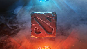 雕刻在石頭上的Dota 2標誌漂浮在彩色煙霧中，帶有戲劇性的燈光。 — 電玩遊戲 GIF 壁紙