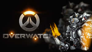 Overwatch遊戲標誌，帶有一個穿著銀色盔甲的火焰機械角色。 — 盾之勇者 壁紙
