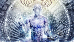 一個發光的人形人物，在宇宙數位藝術場景中帶有螺旋眼睛和能量圖案。 — 靈性動圖 壁紙