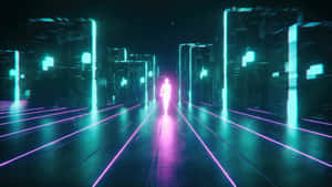 一個發光的身影在夜間穿過霓虹數位城市景觀。 — 可愛又粉嫩 壁紙