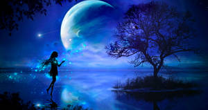 一個發光的仙女在湖邊跳舞，下方是一個巨大的藍色星球，在夜晚。 — 動畫女孩 壁紙